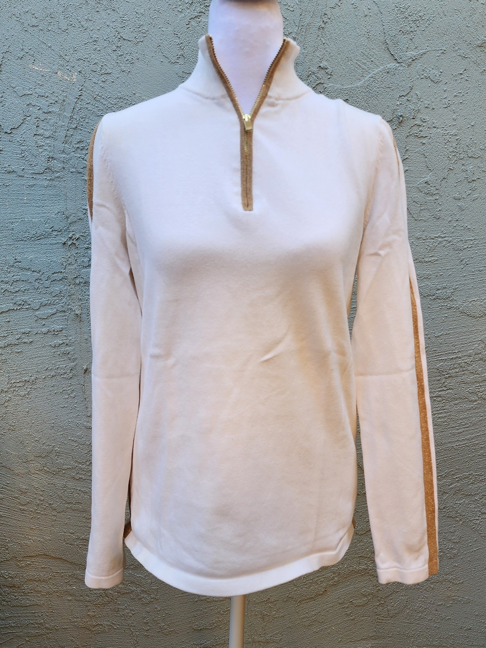 JONES NEW YORK White Quarter Zip Knit Sweater Tan Beige Stripe Trim [M]